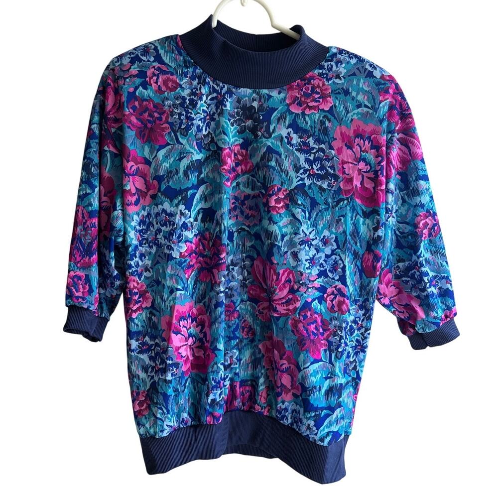 Vntg 80s Floral Blouse Purple Pink Blue GrannyCore Top Shoulder Pads Womens L/XL